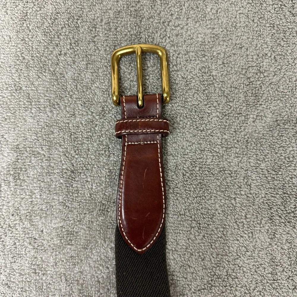 LL Bean Size 34 Woven Elastic Belt Brown Leather Brass Buckle Made in USA